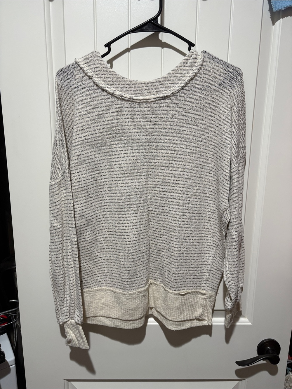 BKE Cream and Light Gray Striped Knit Scoop Neck Sweater
